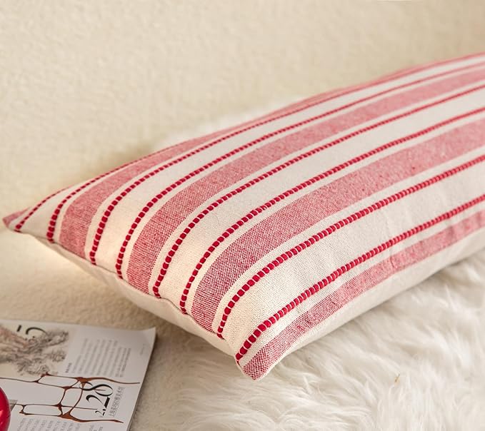 Christmas Lumbar Pillow Covers, Boho Textured Long Accent Pillow Case, Red Pillow Covers 14 x 36 Inch Christmas Decorative, Chair Sofa Bedroom Living Room Home Decor Cushion Case, Pack of 1