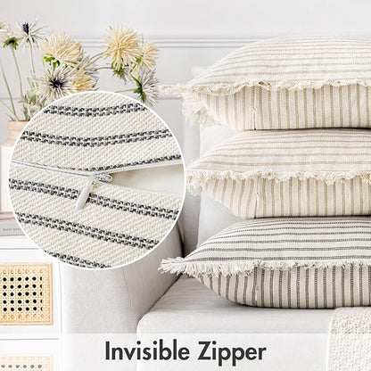 MIULEE Pack of 2 Gray Pillow Covers 20x20 Inch Striped Farmhouse Couch Throw Pillow Covers with Fringe Chic Linen Decorative Cushion Covers for Sofa Living Room Bed Outdoor Home Decor