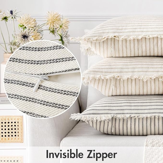MIULEE Pack of 2 Gray Pillow Covers 26x26 Inch Striped Farmhouse Couch Throw Pillow Covers with Fringe Chic Linen Decorative Cushion Eruo Sham for Sofa Living Room Bed Outdoor Home Decor