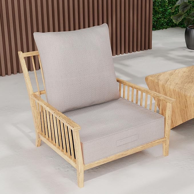 Outdoor Olefin Water-Resistant Deep Seat Cushion Set, 23''x 26''x6'' Weather and Fade Resistant Patio Furniture Seat Cushion, Thickened Sofa Chair Pad with Straps for Lawn, Garden, Light Beige