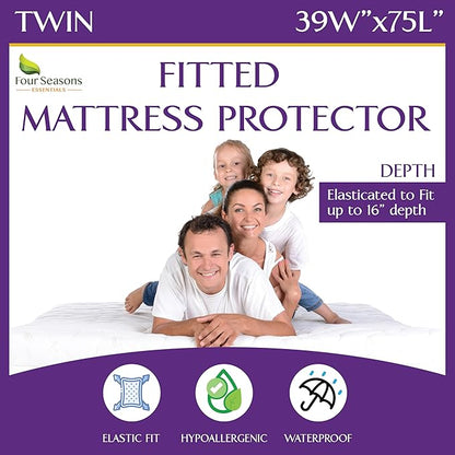 Twin Size Waterproof Mattress Protector - Fitted Sheet Style - Hypoallergenic Premium Quality Cover Protects Against Dust White