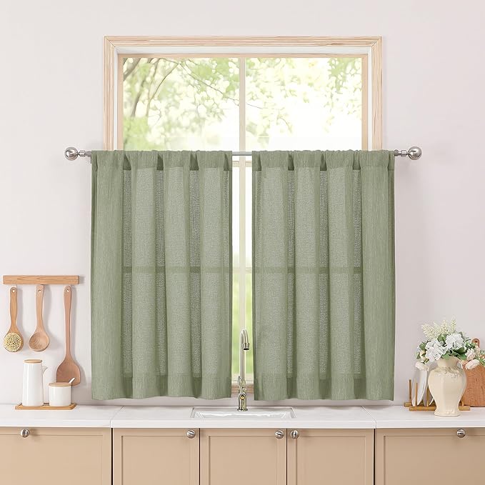 Simplebrand Sage Green Short Faux Linen Textured Cafe Kitchen Curtains 36 Inch Length 2 Panels, Over Sink Semi Sheer Farmhouse Light Filtering Panels Rod Pocket Drapes for Bathroom Window, 40W x 36L