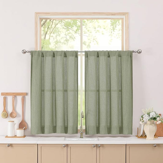 Simplebrand Sage Green Short Faux Linen Textured Cafe Kitchen Curtains 36 Inch Length 2 Panels, Over Sink Semi Sheer Farmhouse Light Filtering Panels Rod Pocket Drapes for Bathroom Window, 40W x 36L