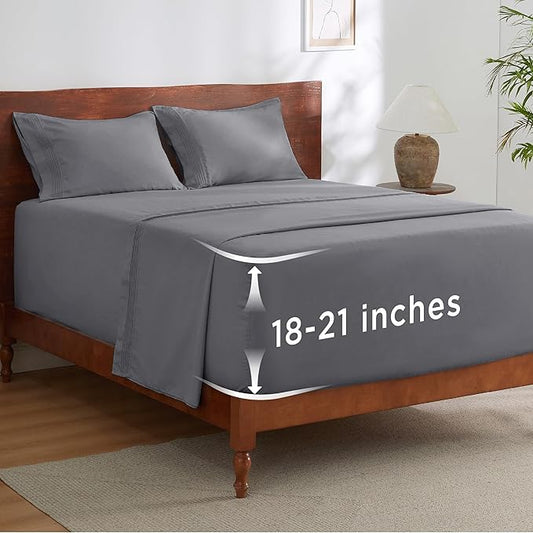Bedsure Deep Pocket Queen Sheets Set - Fits Mattresses Up to 21 Inches Thick - 4 Piece GentleSoft Bed Sheets, Moisture Wicking, Soft & Cooling Bedsheet & Pillowcases, Easy & Secure Fit, Grey