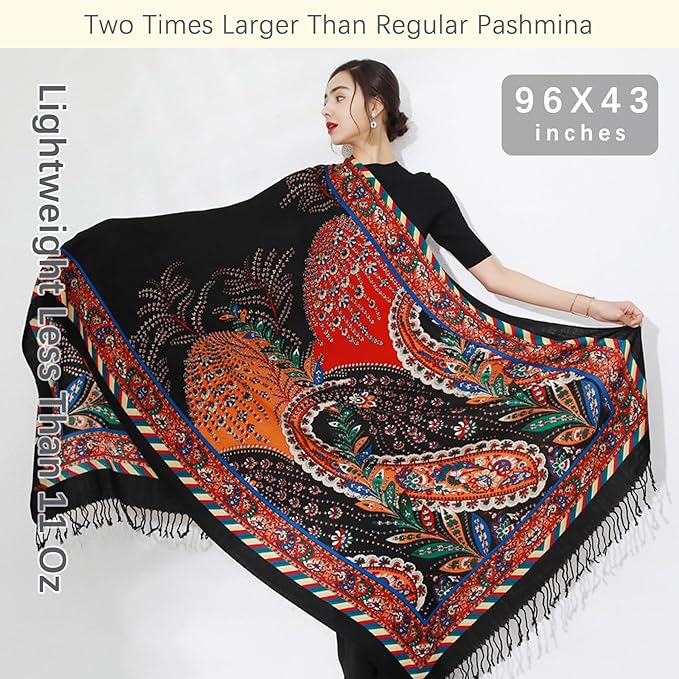 DANA XU 100% Merino Wool Pashmina Shawl for Women 96"x43", Oversized Cashmere Wrap with Tassels, Floral Travel Blanket Cape