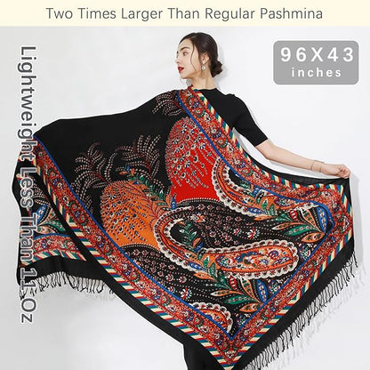 DANA XU 100% Merino Wool Pashmina Shawl for Women 96"x43", Oversized Cashmere Wrap with Tassels, Floral Travel Blanket Cape