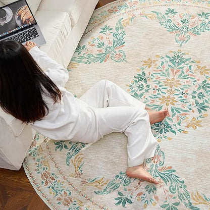 jinchan Round Rug 6ft Area Rugs Vintage Floral Distressed Design, Machine Washable Soft Non-Slip Low-Pile Ultra-Thin Circle Rug for Bedside Living Room Dining Room Bedroom (6' Round, Apricot Multi)