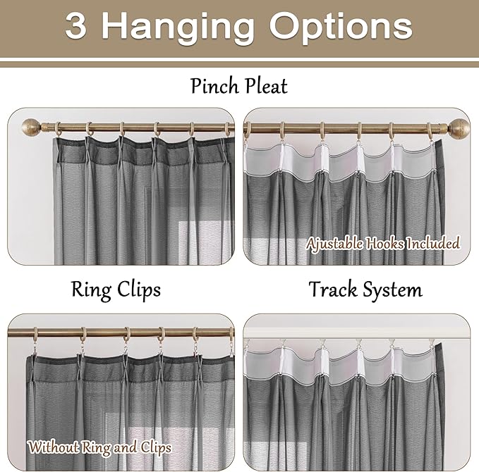 MAIHER Pinch Pleat Curtains 63 Inches Long Light Filtering Grey Sheer Curtain Panels Soft Touch Pleated Drapes with Adjustable Hooks for Bedroom, Grey, 42" W x 63" L, 2 Panels