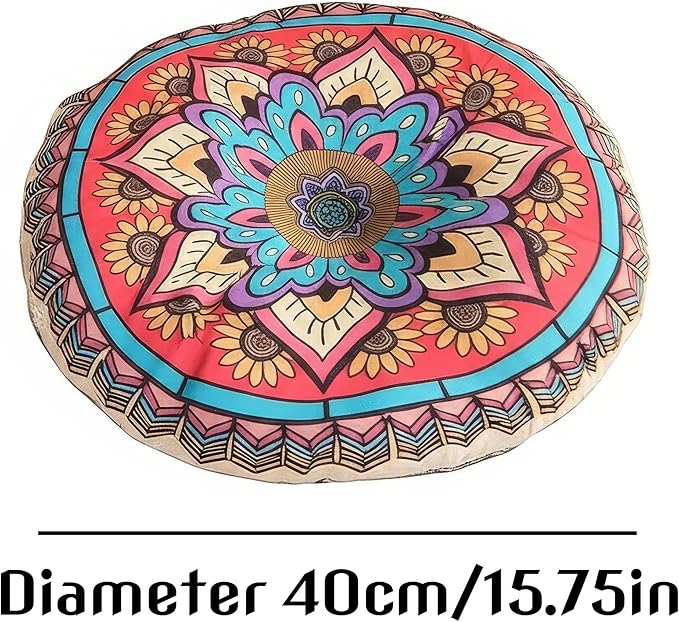 Mandala Round Floor Pillow - 16x16 inch Reversible Cotton Linen Meditation Cushion for Yoga, Balcony & Patio Decor (Colorful)