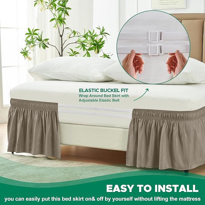 Biscaynebay Wrap Around Bed Skirts for Queen Beds Short Drop of 12", Taupe Adjustable Elastic Dust Ruffles Easy Fit Wrinkle Resistant Silky Luxurious Fabric Machine Washable