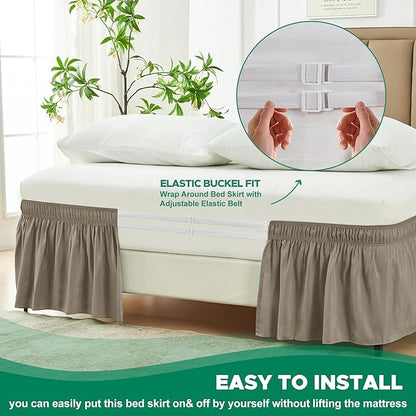 Biscaynebay Wrap Around Bed Skirts for King & Cal King Beds 18" Drop, Taupe Adjustable Elastic Dust Ruffles Easy Fit Wrinkle Resistant Silky Luxurious Fabric Machine Washable