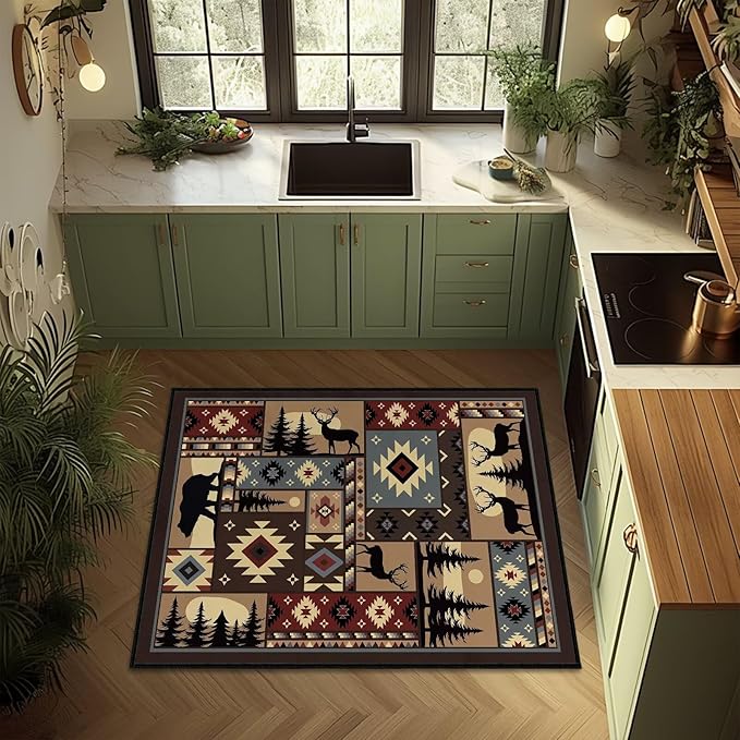 Rustic Rug 2x3 Washable Area Rugs,Buffalo Plaid Bear Moose Deer Country,Cabin Wildlife Entrance Rug Small Throw Carpet Vintage Floor Carpets Non Slip Indoor Door Mat for Entryway,Front Door,Kitchen