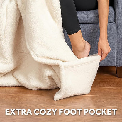 Sunbeam Royal Sherpa Foot Pocket Heated Throw Electric Blanket, 50" x 60", 4 Heat Settings, 4-Hour Auto Shut-Off, Warming Throw for Couch or Bed, Fast Heating, Machine Washable, Natural