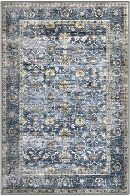 KUTA Vintage Floral 3x5 Entryway Rug, Area Rugs for Living Room Blue Grey Beige Washable Kitchen Carpet Non-Slip, Ultra Thin Soft Printed Distressed Oriental Entry Low-Pile Throw for Dining Room Dorm