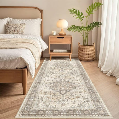Runner Rug Kitchen Washable Rugs: 2x6 Non-Slip Boho Soft Vintage Stain Resistant Indoor Floor Neutral Farmhouse Throw Carpet for Hallway Bathroom Laundry Room Entryway Bedroom- Brown
