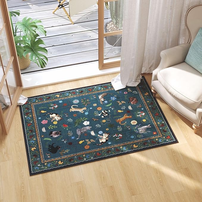 Rugcomf Door Mat Indoor Entrance 2x3 Rug Machine Washable Boho Floral Animal Cat Small Area Rug Non-Slip Low Pile Throw Rugs for Entryway Kitchen Front Door Indoor Entry Kids Room, Pearl Gentian Blue