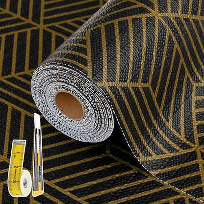 Shelf Liners for Kitchen Cabinets 12in x 20FT, Non Adhesive Cabinet Liner Strong Non-Slip Black Gold Geometric Drawer Liner, Easy to Clean for Shelf, Cabinet with Knife and Tape Measure