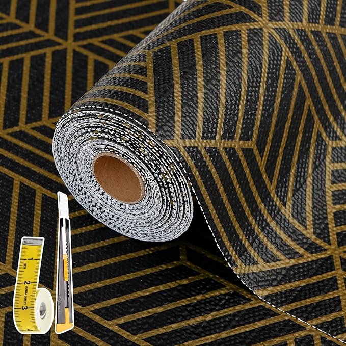 Shelf Liners for Kitchen Cabinets 17in x 20FT, Non Adhesive Cabinet Liner Strong Non-Slip Black Gold Geometric Drawer Liner, Easy to Clean for Shelf, Cabinet with Knife and Tape Measure