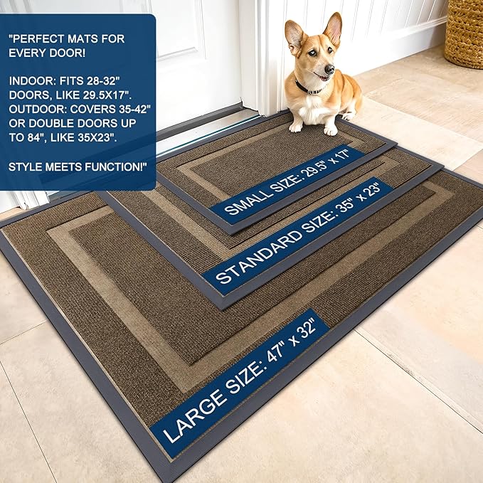 OLANLY Front Door Mat Indoor Outdoor Entrance, Waterproof All-Season, All-Weather Doormat, Sturdy Natural Rubber, Fade Resistant, Low Profile, Easy Clean Patio Porch Entryway Mat, 59x35, Brown