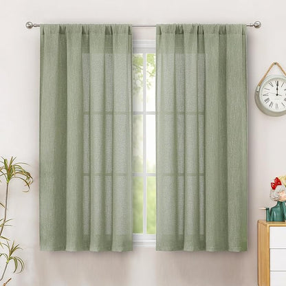 Simplebrand Sage Green Semi Sheer Faux Linen Textured Curtains 54 Inch Length 2 Panels Set, Rod Pocket Farmhouse Short Curtain Drapes for Dinning Small Windows Bathroom Bedroom, Each 40Wx54L in