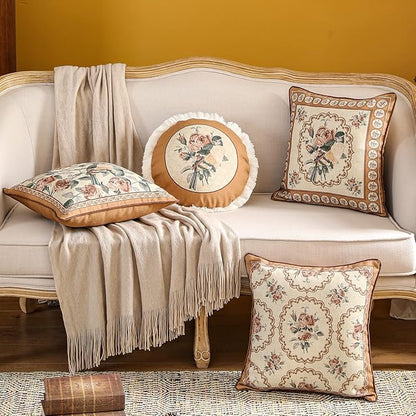 patdrea Designer Vintage Floral Throw Pillow Covers for Couch,Brown Yellow Linen Pillowcases with Bird and Rose Pattern Decorative Square Cushion for Bed Living Room Outdoor Cafe Car,18"x18"