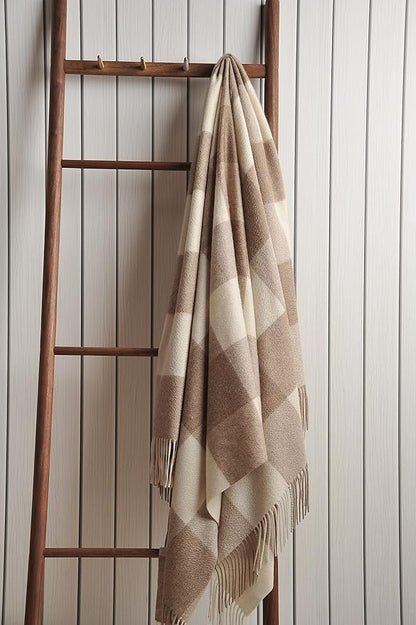 EP Mode 100% Pure Cashmere Throw Blanket for Sofa, Classic Design with Gift Box (Neutral Checkered)