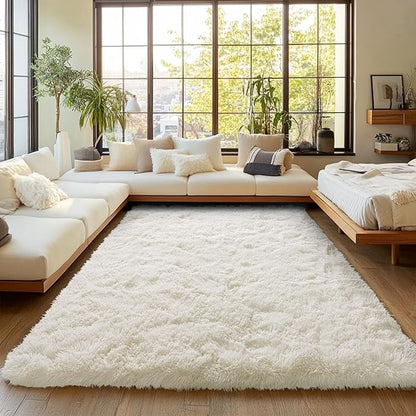 Cream White Plush Rug for Living Room Fuzzy Carpet for Bedroom Dorm, Non-Slip High Pile Rug, Shag Rug for Playroom Nursery Home Office Decor 5X7 Ft