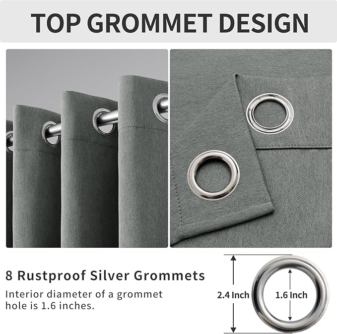 Easy-Going Linen Look Blackout Curtain Grommet Window Curtain Drapes for Bedroom, Living Room Thermal Insulated Room Darkening (2 Panels, 52x108 inch, Grey)