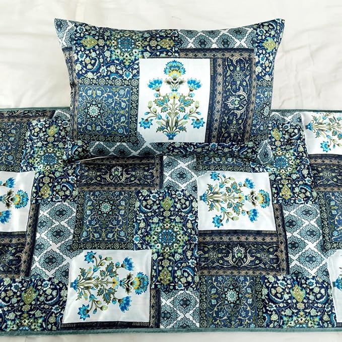The HomeCentric King/Queen/Twin Blue Designer King 90"x18" Bed Runner Without Pillow Cover, Perrsian Pattern & Quilted Bed Scarf on Satin Fabric - Bahar