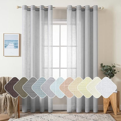 MIULEE 2 Panel Natural Linen Semi Sheer Window Curtains - Elegant Solid Light Grey Drapes with Grommet Top - Voile Panels for Bedroom & Living Room (52X90 Inch)