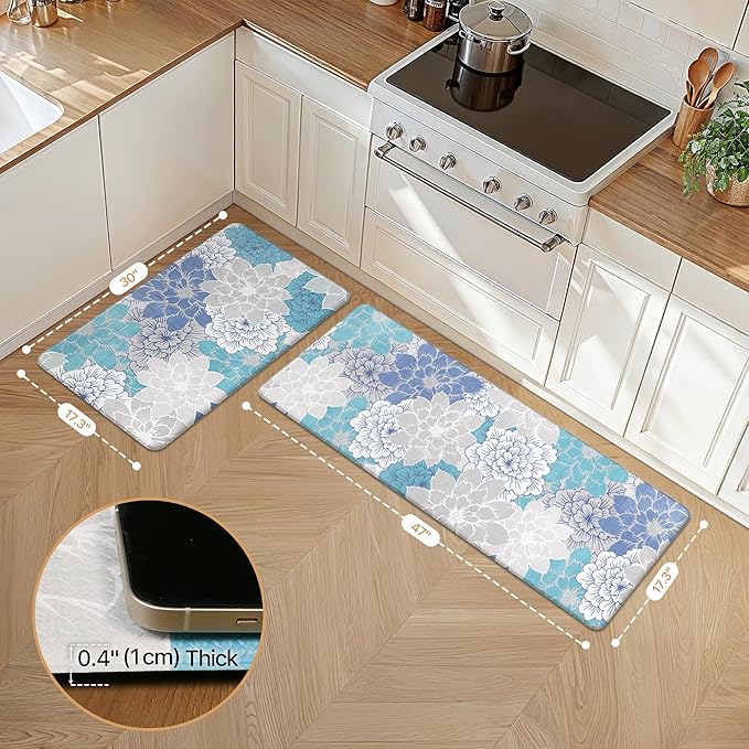 GENIMO Kitchen Mats for Floor, Kitchen Rugs Non Slip Washable Sets of 2, Waterproof Cushioned Anti Fatigue Mat, Floral Runner Rug for Laundry, Sink, Office, Home, 17.3"x47"+17.3"x30", Sky Blue