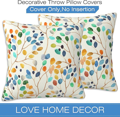 Throw Pillow Covers Colorful Leaves Spots Pillow Covers 18x18 Inch Set of 2 Boho Floral Throw Pillows Decorative Pillow Cases Cushion Covers for Bedroom Livingroom Sofa Farm House
