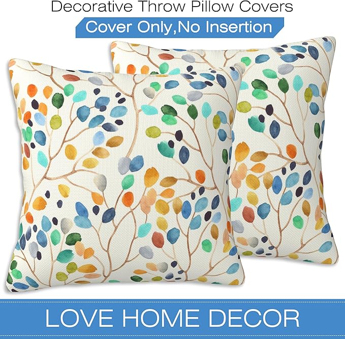 Throw Pillow Covers Colorful Leaves Spots Pillow Covers 16x16 Inch Set of 2 Boho Floral Throw Pillows Decorative Pillow Cases Cushion Covers for Bedroom Livingroom Sofa Farm House
