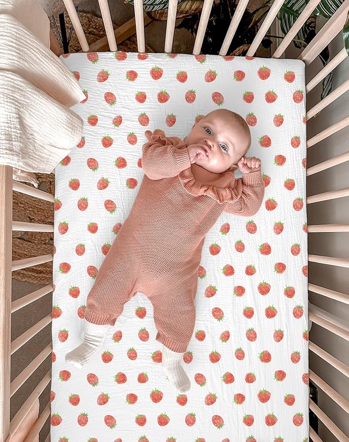 Bassinet Sheet for Baby Boy Girl 2 Pack, Fitted Sheets for Rectangle, Oval, Hourglass Bassinet Mattress, Muslin Moses Basket Sheets (Strawberry & Pale Pink, Bassinet Sheet)