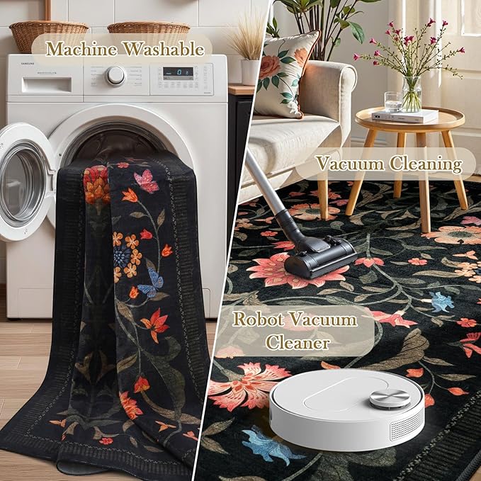 LIVEBOX Black Runners for Hallway - Boho Floral 2'6"x8 Washable Runner Rug, Non-Slip Kitchen Runner Rug, Soft Low-Pile Non-Shedding Carpet Runners for Hallway Entryway Bedroom Bathroom Farmhouse