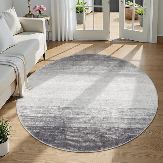 Wonnitar Modern Ombre Washable Round Area Rug 5ft, Grey Round Rugs for Living Room, Non-Slip Large Circle Bathroom Throw Mat, Stain Resistant Low Pile Throw Carpet for Bedroom (Grey, Round 5ft)