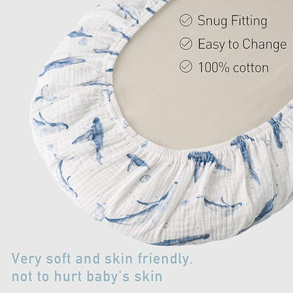 Muslin Bassinet Fitted Sheets, 2 Pack for Baby Boy and Girl, Soft Breathable Baby Pad/Mattress Sheet, Fit for Hourglass Oval and Rectangle Bassinet Mattress (Blue Whale)