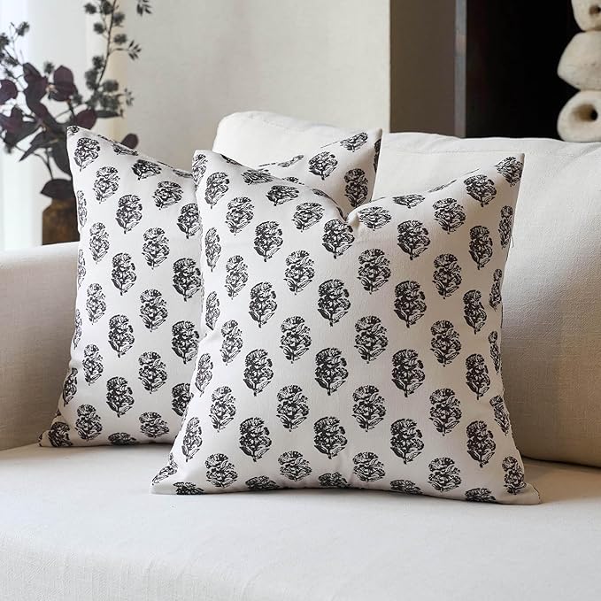 DOMVITUS Set of 2 Floral Pillow Covers 24x24, Block Print Pillow Covers Vintage Neutral Decorative Farmhouse Throw Pillow Covers for Couch Bed Living Room Black
