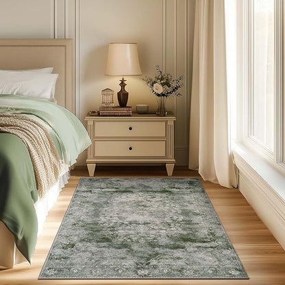 jinchan Green Floral 3x5 Area Rugs for Entryway - Machine Washable Vintage Distressed Design Low-Pile Soft Non-Shedding Christmas Carpet for Kitchen Bedside Laundry Living Room (3x5ft, Forest Green)