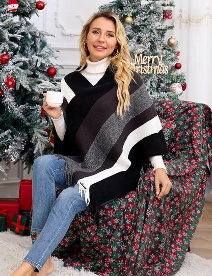 Ferand Women's Striped Poncho Sweater Cozy Knit Fringe Shawl Wraps for Fall Winter