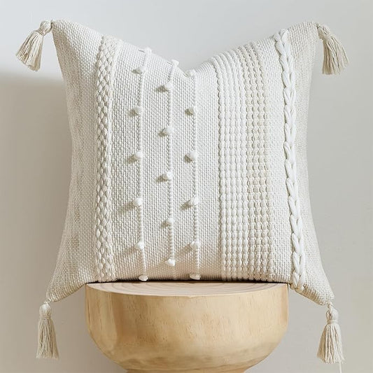 Boho Pillow Cover 18x18 Beige - Handmade Woven Textured Throw Pillow Case with Cordings & Tassels, Decorative Accent for Couch Sofa Farmhouse Living Room Home Decor