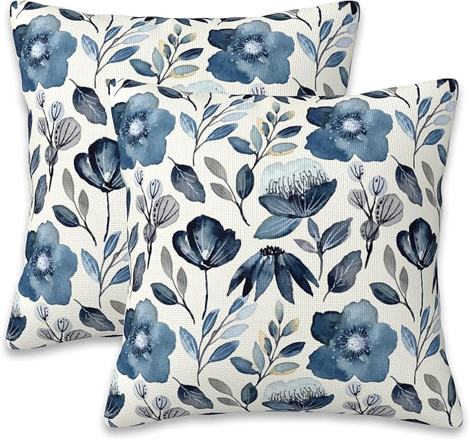 Throw Pillow Covers Blue Floral Pillow Covers 20x20 Inch Set of 2 Throw Pillows Decorative Pillow Cases Cushion Covers for Bedroom Livingroom Sofa Farm House