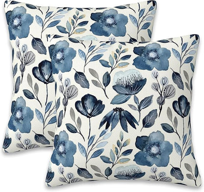 Throw Pillow Covers Blue Floral Pillow Covers 20x20 Inch Set of 2 Throw Pillows Decorative Pillow Cases Cushion Covers for Bedroom Livingroom Sofa Farm House