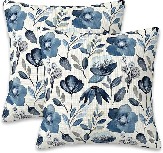 Throw Pillow Covers Blue Floral Pillow Covers 20x20 Inch Set of 2 Throw Pillows Decorative Pillow Cases Cushion Covers for Bedroom Livingroom Sofa Farm House