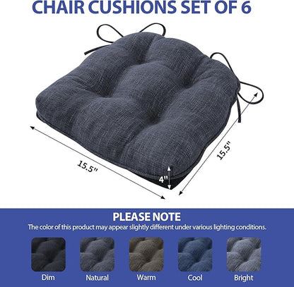 Chair Cushions for Dining Chairs Set of 6, Kitchen Chair Cushions, Chair Pads with Ties and Non Slip Backing, Tufted Memory Foam Seat Cushion 6 Pack, 15.5" x 15.5" x 4", Navy Blue