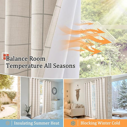 Grey Plaid Patterned Curtains Thermal Insulated - 96 Inches Extra Long Total Linen Blackout Curtains for Living Room, Boho Drapery for Farmhouse Bedroom 52x96 Inch 2 Panels