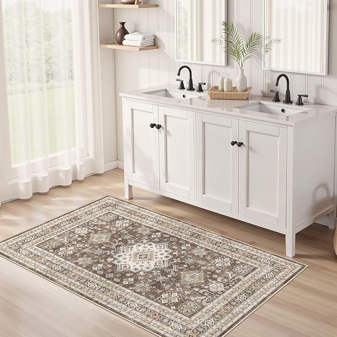 Vintage Living Room Area Rug 2x3 - Large Soft Washable Oriental Traditional Distressed Farmhouse Rugs for Bedroom - Indoor Floor Accent Carpet for Home Office House Decor - Dark Brown
