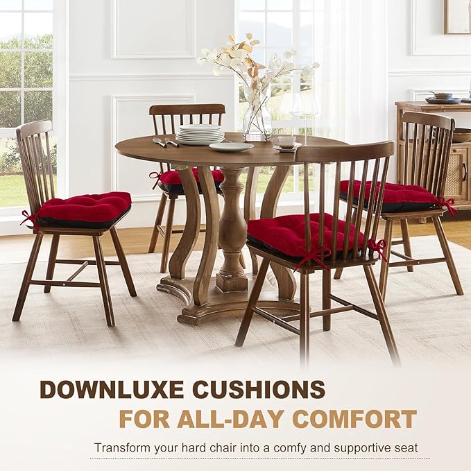 downluxe Indoor Chair Cushions for Dining Chairs, Tufted Overstuffed Textured Kitchen Chair Pads with Ties and Non-Slip Backing, 15.5" x 15.5" x 4", Red, 4 Pack
