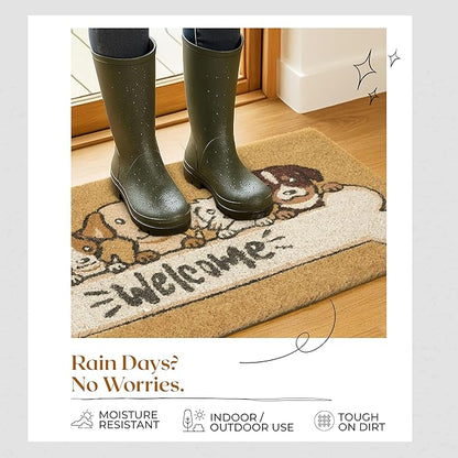Coir Door Mats 17" X 30", Non-Slip Sturdy, PVC Backed Heavy Duty, Easy to Clean, Ideal for Door Entrance, Patio, Porch, Backyard, Garages, 5 Welcoming Puppies