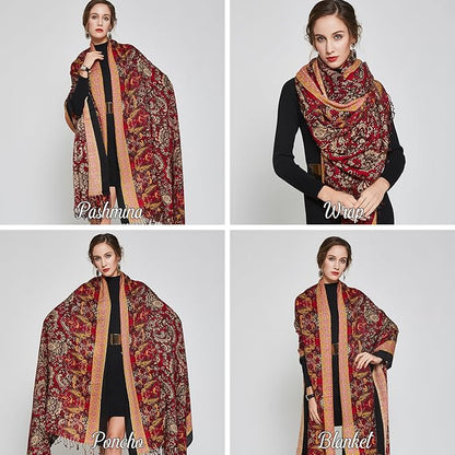 DANA XU 100% Merino Wool Pashmina Shawl for Women 96"x43", Oversized Cashmere Wrap with Tassels, Floral Travel Blanket Cape